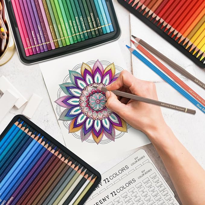 Colored Pencils for Adult Coloring Books, 72 Oil-Based Color Pencils, 3.8mm Soft Core, Vibrant Coloring Pencils in Tin Box for Adults, Professional Art Supplies forSketching, Blending and Layering.