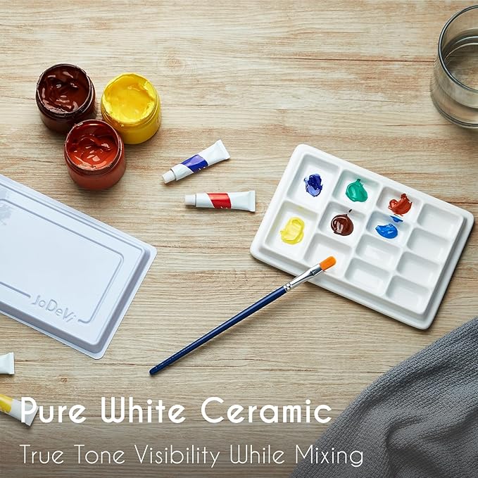 Ceramic Paint Palette with Lid,13-Well Porcelain Watercolor Mixing Tray for Acrylic, Oil, Gouache & Watercolor Paints, White Porcelain Palette with Plastic Cover