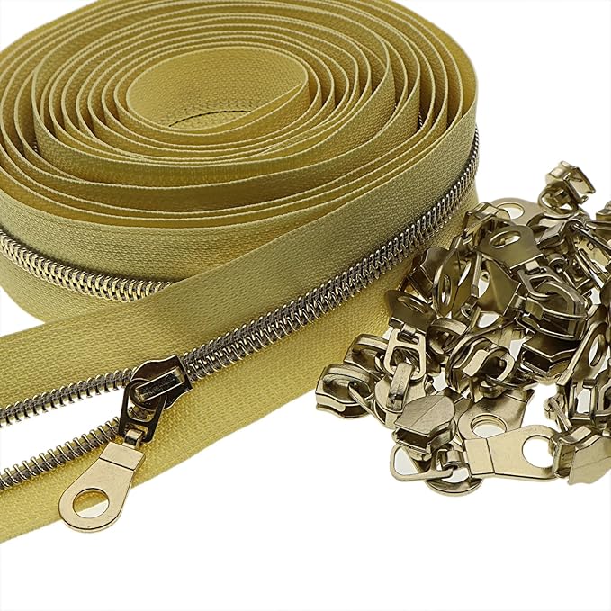 #5 Gold Metallic Nylon Coil Zippers by Yard Bulk Coil Zipper Roll 10 Yards with 25pcs Silver Pull for DIY Sewing Craft Bag(Yellow) YIGUANXIN