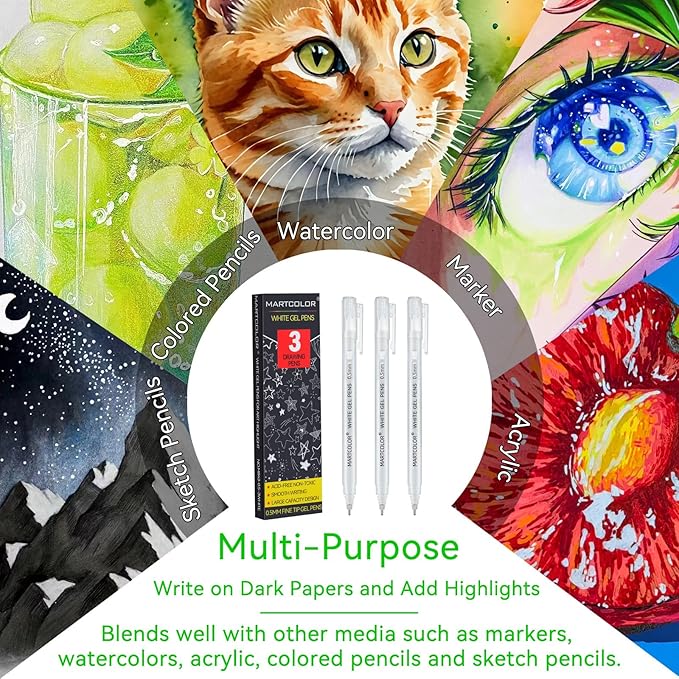 White Gel Pens, 0.5mm Extra Fine Point Opaque Archival Ink Pen for Black Paper Drawing, Art Highlight, Illustration, Bullet Journaling, Card Making & DIY Projects, 3 Pack