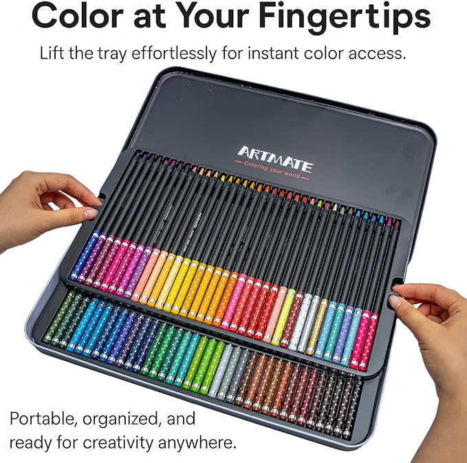 Black Wood Professional Colored Pencils Set, Oil-Based, 4mm Soft Core for Artists, Drawing, Sketching, Shading, Blending, Layering, Adult Coloring Books, Pre-Sharpened in Metal Tin Box (72 Colors)