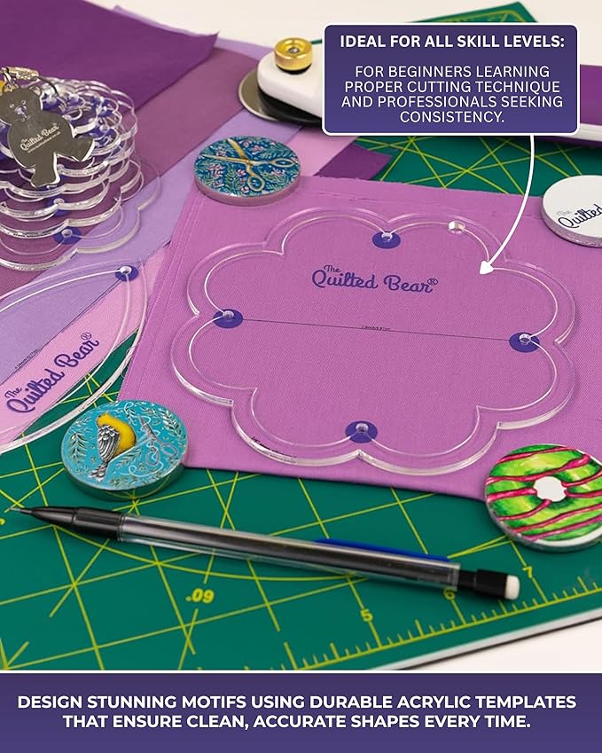 The Quilted Bear Leaf Quilting Templates – 8 Clear Non-Slip Acrylic Quilt Templates for Precise Fabric Cutting & Stress-Free Machine Quilting - Ideal for Quilt & Sewing Supplies (¾–3")