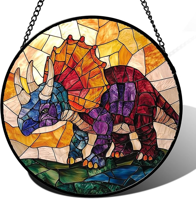 Stained Glass Window Hanging - Triceratops Abstract Dinosaur Suncatcher for Door Terrace Garden Home Decor, Orange Red Sun Catcher Birthday Gifts for Lovers Women Men Dad Mom Nana 9.8 in