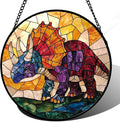 Stained Glass Window Hanging - Triceratops Abstract Dinosaur Suncatcher for Door Terrace Garden Home Decor, Orange Red Sun Catcher Birthday Gifts for Lovers Women Men Dad Mom Nana 11.8 in