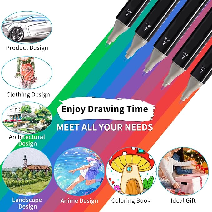 Alcohol Art Markers, 24 Colors Fine & Chisel Dual Tip Marker Set with Case, Permanent Art Markers for Adults Sketching Painting Drawing and Coloring