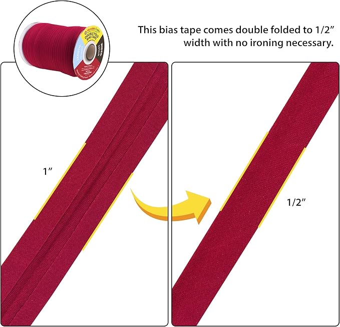 Mandala Crafts 55 Yards 1/2 Inch Burgundy Double Fold Bias Tape for Sewing - Bias Binding Tape for Quilting Binding, Hemming, Seam, and Fabric Piping