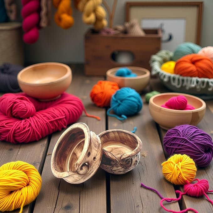 Wooden Yarn Bowl Pack of 2, Multi Design Crochet Kit for Beginners, Yarn Winder Essential for Knitting and Crochet Projects, Durable and Elegant Craft Storage Solution