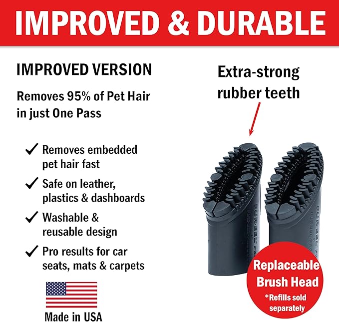 PRO 2.0 Combo Pet Hair Removal Tool for Car Detailing | Universal Vacuum Attachment for Dog & Cat Hair | Fits 1-1/4" & 1-3/8" Hoses | Replaceable Soft Rubber Head | Washable & Reusable