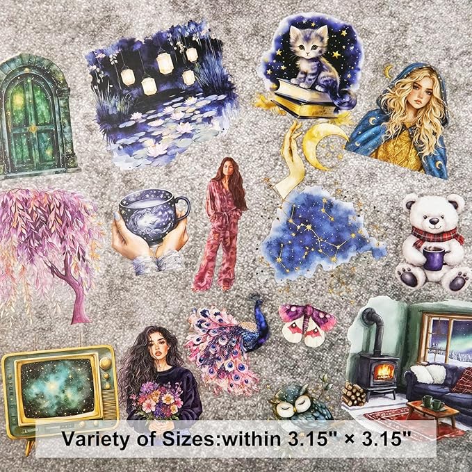 Fantasy Night Dream PET Stickers Set, 180Pcs Mystical Celestial Stickers for Journaling, Scrapbooking, DIY Crafts, Planners, and Collage Art