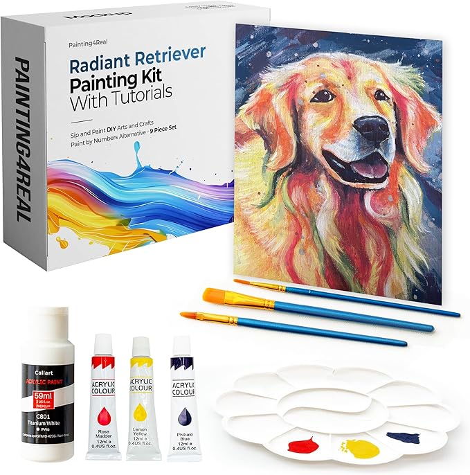 DIY Art Painting Kit for Adults – Learn to Paint Radiant Retriever with Video Tutorials – 9 Pieces Acrylic Paint Set for Adults –Perfect Christmas Crafts & Holiday Gifts for Art Lovers