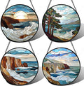Stained Glass Window Hanging 4 Pcs Set Ocean Waves 6.3" - Blue and White Sea Suncatcher Door Garden Sun Catcher Decor Birthday Christmas for Mom Woman Nana Men