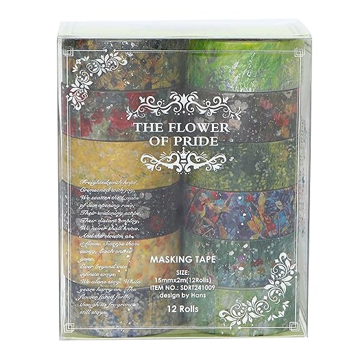 12 Rolls Flowers Washi Tape Set Floral Arts Adhesive Tapes Splast Silver Decorative Masking Tape Sets for Craft, Kids, Scrapbook, DIY, Gift Wrapping (Verdant Glow)