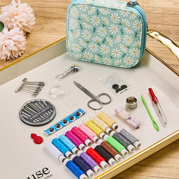 Printing Sewing Kit Chrysanthemum Pattern Sewing Set Small Travel Sewing Kit for Adults, 87 PCS Professional Sewing Supplies Accessory for Emergency, Home