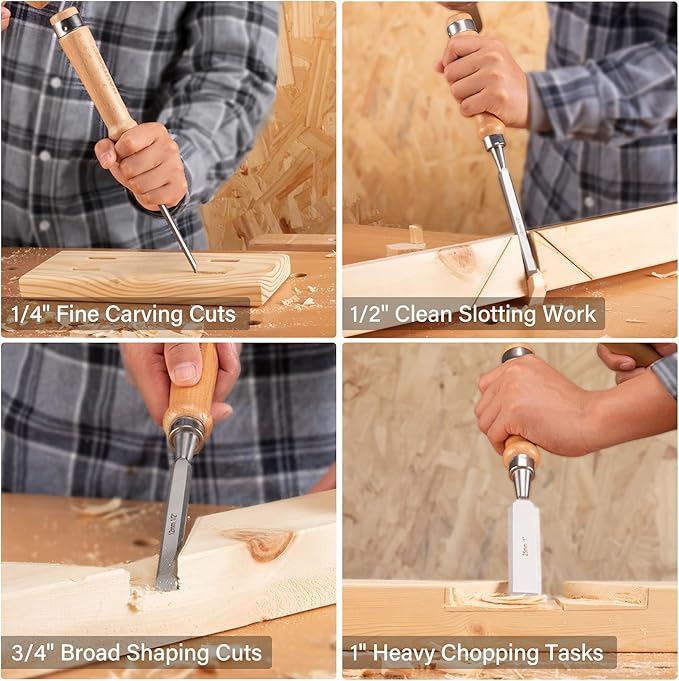HAUTMEC Wood Chisel Set for Woodworking, 4-Piece Bevel Edge Mortise Chisel Set with 60CrV Steel Blades and Ergonomic Beech Handles (1/4", 1/2", 3/4", 1")