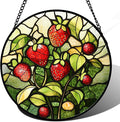 Stained Glass Window Hanging - Red Strawberry Suncatcher for Doors Window Home Green Plant Sun Catchers Decor Christmas Mother's Day Birthday Gifts for Teacher Women Men Mom Nana 6.3 in