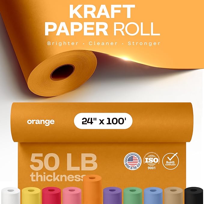 24" x 1200" (100 ft) Orange Kraft Paper Roll - USA-Made Quality Orange Craft Paper for Gift Wrapping, Kids' Arts & Crafts, School Projects - Natural Material 50lb Thickness by IDL Packaging