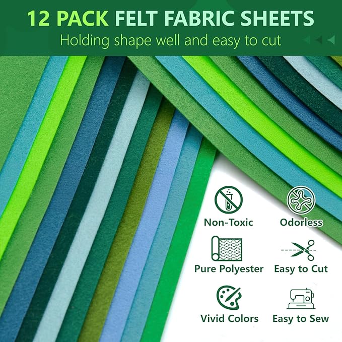 Large Stiff Felt Sheets Bundle Felt Fabric Sheets for Crafts 12 Rolls 8"x35" Soft Summer Color 12 Assorted Colors Felt Pack for DIY Craft Sewing Squares Nonwoven Patchwork (Green)