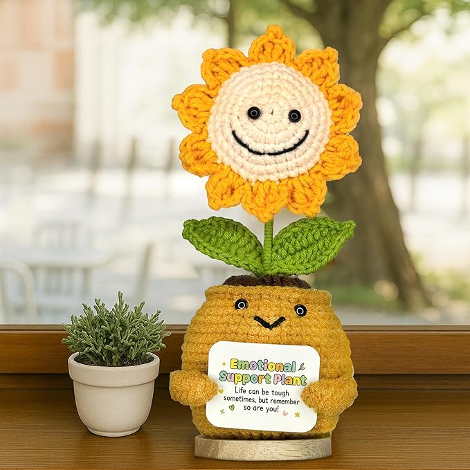 TUHNG & HYOO Emotional Support Crochet Positive Sunflower Plant Appreciation Messages Gifts, Positive Emotional Handmade Crochet Plant Decor Stuff Gifts for Women Men Friends