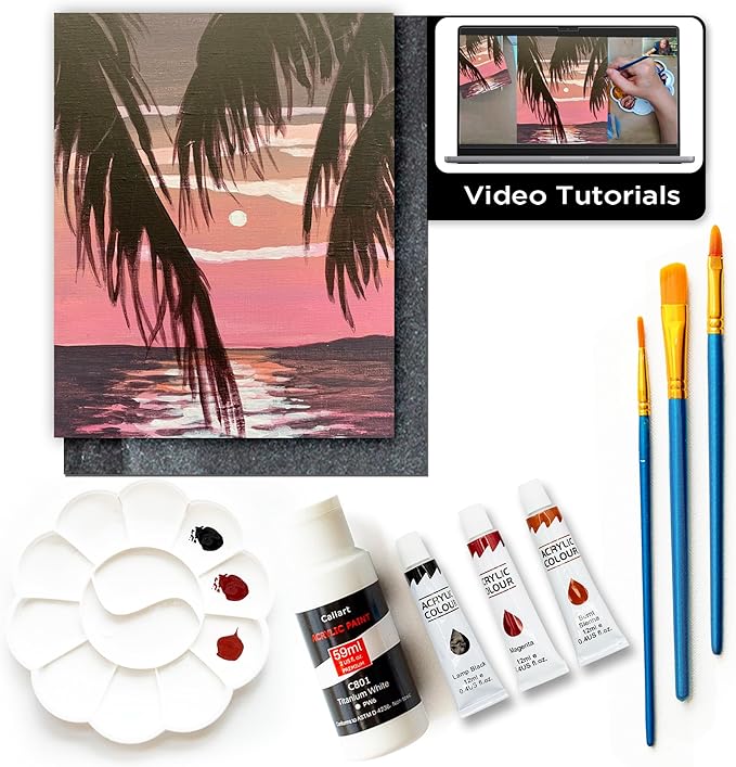 Painting4Real DIY Art Painting Kit for Adults – Learn to Paint Tropical Sunset with Video Tutorials – 9 Pieces Acrylic Paint Set for Adults –Perfect Christmas Crafts & Holiday Gifts for Art Lovers