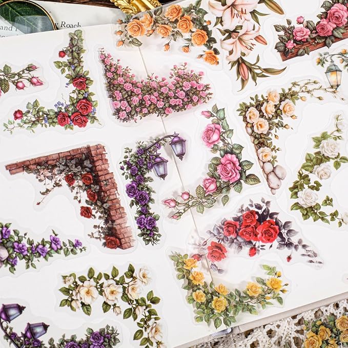 Courtyard Corner Set – 180 Vintage Floral Stickers for Junk Journal, Scrapbook Supplies, DIY Journaling, L-Shaped Decorative Labels