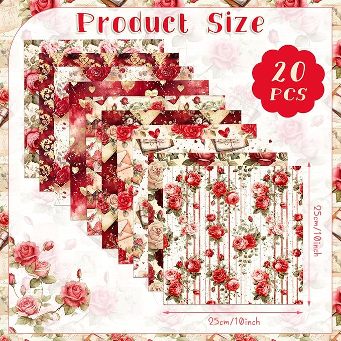 20 Pcs 10''x10'' Vintage Valentines Quilting Fabric Square Bundle Love Heart Precuts Quiltted Fabric Red and Pink Rose Printed Patchwork Supplies for DIY Material Sewing Craft Strips