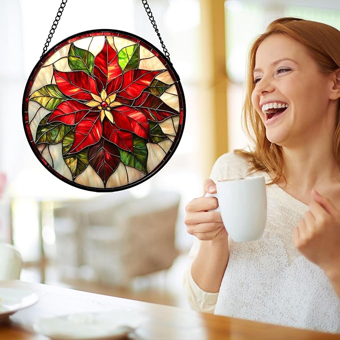 Stained Glass Window Hanging - Red Poinsettia Birth Flowers Suncatcher for Door Garden Yard Sun Catchers Decor Christmas Mother's Day Birthday Gifts for Women Mom Nana Teacher Friend 11.8 in