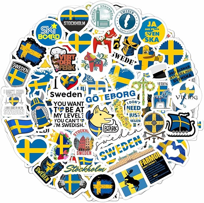BulbaCraft Swedish Stickers for Water Bottle and Laptop - Nordic Party Supplies & Decorations, Waterproof Vinyl Swedish Decals, Sweden Flag and Culture Stickers Laptop Decals, Gifts for Women & Men