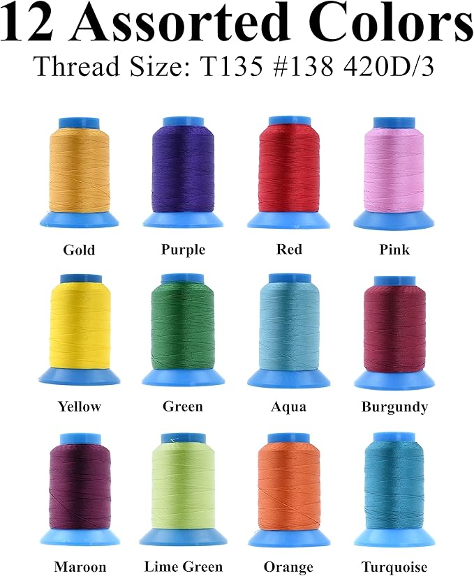 Mandala Crafts Size 138 420D T135 Bonded Nylon Thread - 12 Vibrant Colors 1440 YDs Tex 135 Heavy Duty Sewing Threads for Leather, Jeans, Weaving, Outdoor Marine Upholstery