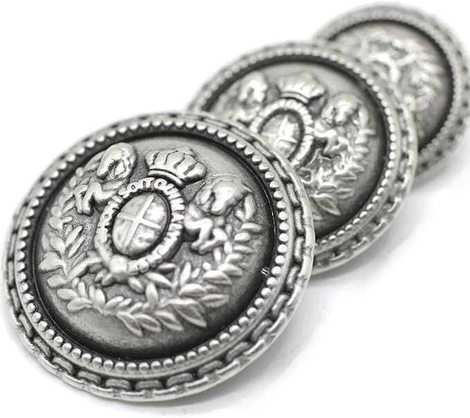 Antique Silver Metal Shank Buttons - 12 Pcs - 5 Size Options - Twin Lion Round Metal Shank Buttons Vintage for Men Women Blazer Coat Uniform Shirt Suit and Jacket Sewing Craft DIY N13602