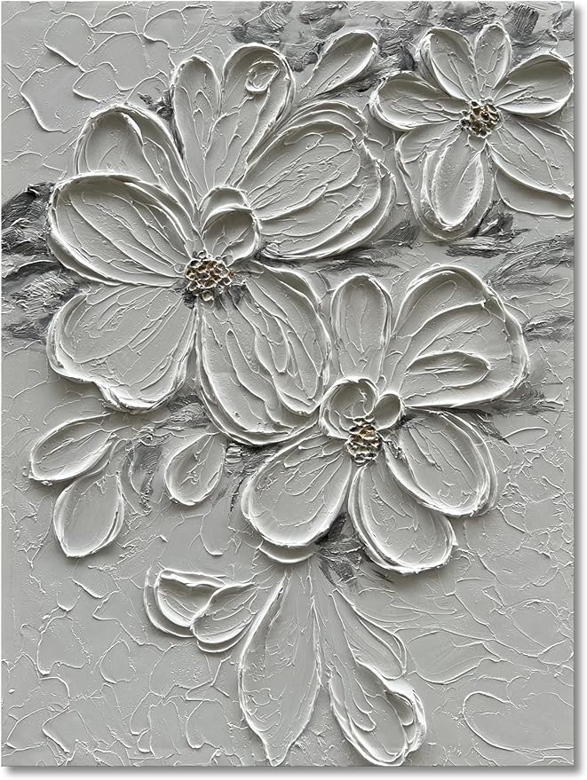 Hand-Painted White Flower Texture Art - 40x28 inches Modern Abstract Home Wall Decorative Art