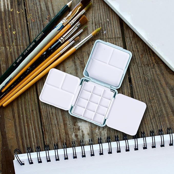 WTYONZEL Travel Pocket Watercolor Set, Artist Outdoor Sketch Kits with 24 Well Palette,3 Foldable Palettes,Clip-on Washing Bucket,Silicone Bag,Ideal for Outdoor Sketch Artists(Blue)