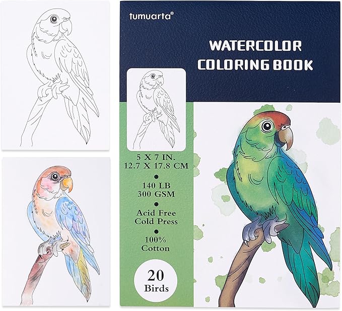 tumuarta Watercolor Coloring Book, 20 Unique Floral Designs, 5x7”, 100% Cotton, 300GSM, 140 LB, 20 Sheets, Cold Press, Acid Free Watercolor Paper Sketchbook, Glue Bound Mixed Media Pad (Flowers)