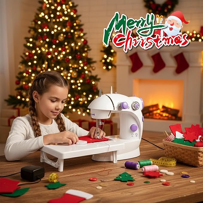 Flying Banana Mini Sewing Machine with Extension Table, Dual Speed Portable Electric Sewing Machine for Beginners, Small Household Mending Kit with Light, Foot Pedal, AC/Battery Operated, White