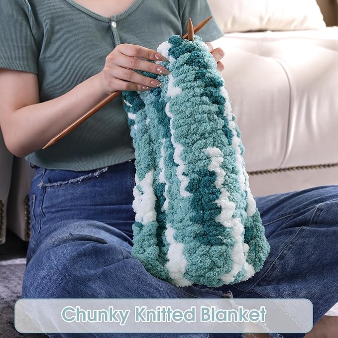 Hombys 8 Pack Giant Chunky Yarn for Crocheting & Knitting, Super Bulky Soft Fluffy Tie Dye Plush Fuzzy Mixed Color Thick Chenille Yarn (Blue Multi, White)