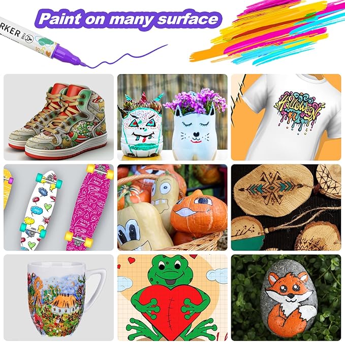 72 Colors Acrylic Paint Pens, Dual Tip Acrylic Paint Markers for Paper, Wood, Canvas, Stone, Rock Painting, Glass, Fabric, DIY, Ceramic, Art Supplies for Adults Drawing (Dot + Fine)