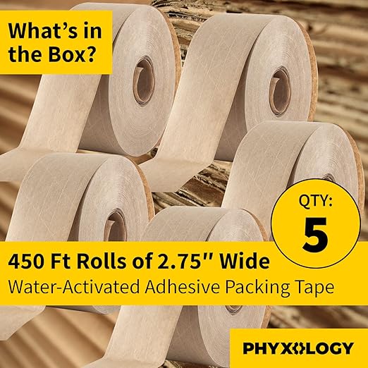 Ultra Durable Water-Activated Tape for Secure Packing 5Pk. 2.75In, 450Ft Brown Kraft Gum Tape Provides Heavy Duty Adhesive for Packaging and Shipping. Fiberglass Reinforced for Extra Strong Bond.