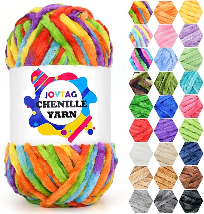 Velvet Chenille Yarn for Crocheting Rainbow Velvet Fluffy Plush Yarn Thick Bulky Chunky Chenille Velvet Soft Baby Blanket Yarn for Crocheting Hand Knitting 100g-Bright Rainbow