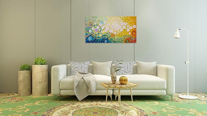 Yihui Arts Hand Painted Textured Floral Oil Painting on Canvas, Vibrant Abstract White Flower Wall Art with Colorful Swirls, Modern Home Decor for Living Room Bedroom