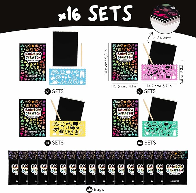 BONNYCO Rainbow Scratch Art for Kids 16 Sets with Notebook, Stencil and Wooden Stylus. Party Favors, Goodie Bags Stuffers for Kids, Classroom Prizes. End of Year Gifts Ages 3 to 12