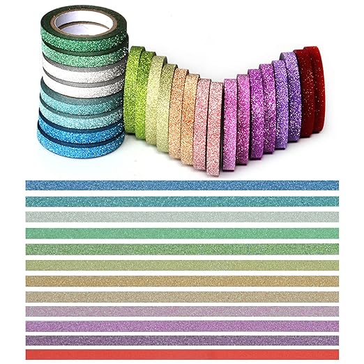 YUKUNTANG Skinny Glitter Paper Washi Tape Set 24 Rolls 12 Color Masking Tape for DIY Crafts Book Designs