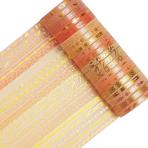 YUBX Skinny Gold Washi Tape Set Basic Foil Print Decorative Masking Tapes for Arts, DIY Crafts, Journals, Planners, Scrapbook, Wrapping (Orange of Sunset)