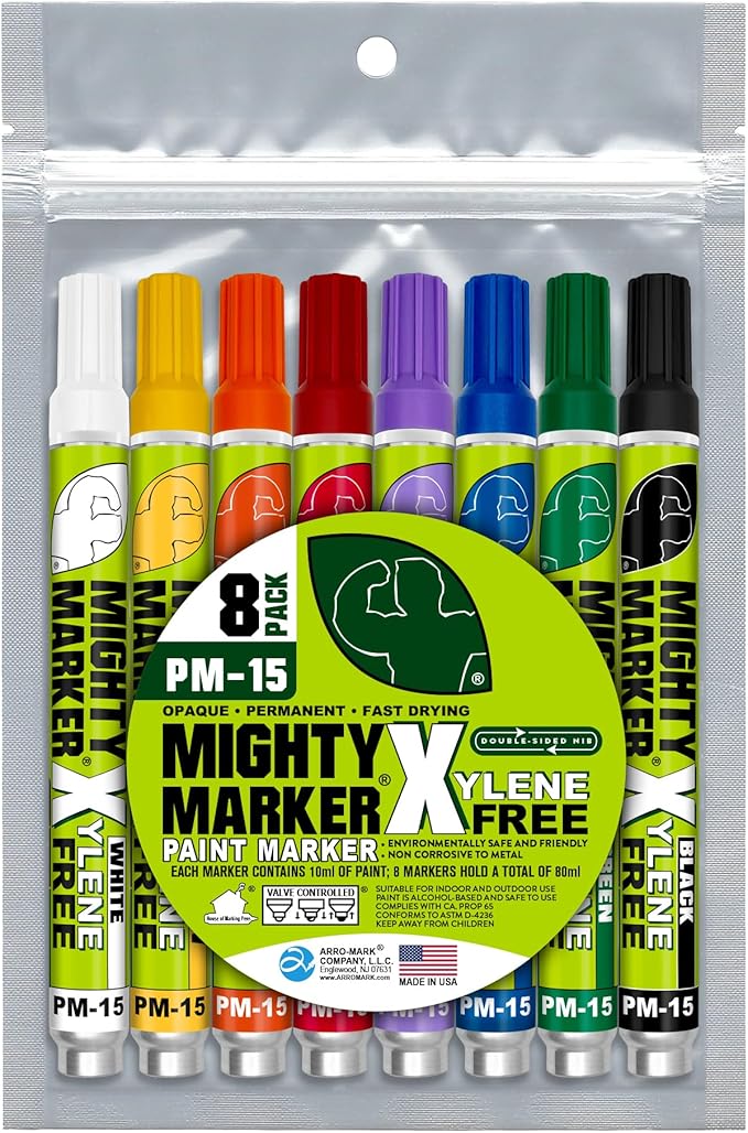 PM-15, Eco-Friendly Paint Marker, Alcohol-Based & Xylene-Free, Waterproof & Permanent, 10ml, 2.3mm Tip, 8 Bonus Tips, Made in USA, Assorted 8 Pack