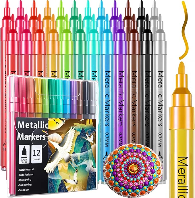 2 Sets Metallic Paint Markers Acrylic Metallic Pens Set of 12 Colors Glitter Pens 0.7 mm Extra Fine Tip Scrapbooking Coloring Black Paper Rock Painting Holiday Card Making DIY Crafts