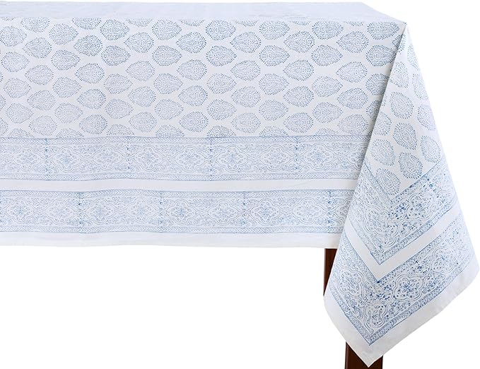 ATOSII Amalfi Blue 100% Cotton Boho Rectangle Fall Tablecloth, Handblock Print Table Cloth for Kitchen I Dining Table Linen Fall Décor I Parties Wedding Outdoors Summer I 72 X 108 Inches I 8 Seater