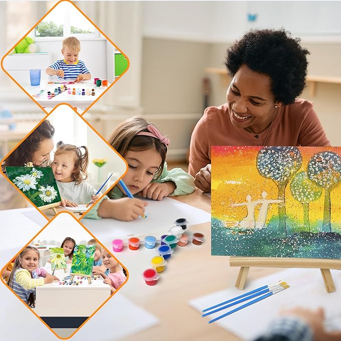 8 Set Mini Acrylic Paint Set, Mini Canvas Painting Kit, Small Canvas with Easel, Acrylic Paints,Brush, Minis Easel with Canvases for Kids Adults Classroom Birthday Painting Party (6 x 8Inch)
