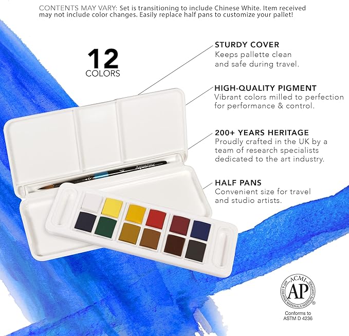 Daler Rowney Aquafine 12-pc Watercolor Travel Set - Watercolor Paint Set for Watercolor Paper and More - Watercolor Set for Artists and Students - Water Color Paint for All Skill Levels