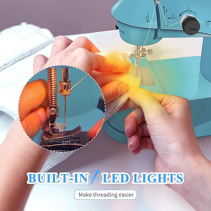 KPCB Tech Sewing Machine for Beginners [Full Set] with Finger Guard and Fabric Bundles - Mini Electric Sewing Machine with Sewing Kits, Foot Pedal, US Adapter and Extension Table
