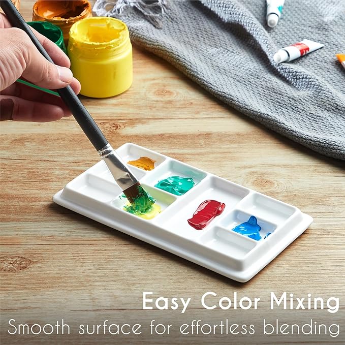 Ceramic Watercolor Palette with Lid, 9-Well Rectangular Paint Mixing Tray for Watercolor, Gouache, Acrylic & Oil Painting, White