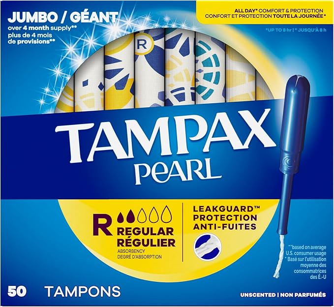 Tampax Pearl Tampons for Women, with LeakGuard Braid, Regular Absorbency, Unscented, 50 Count