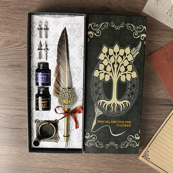 Feather Pen and Ink Set,quill pen ink set,Antique Calligraphy Pen with 4 Replaceable Nibs,2 Bottle of ink,Pen Holder Christmas Gift for Men&Women.(Gray)